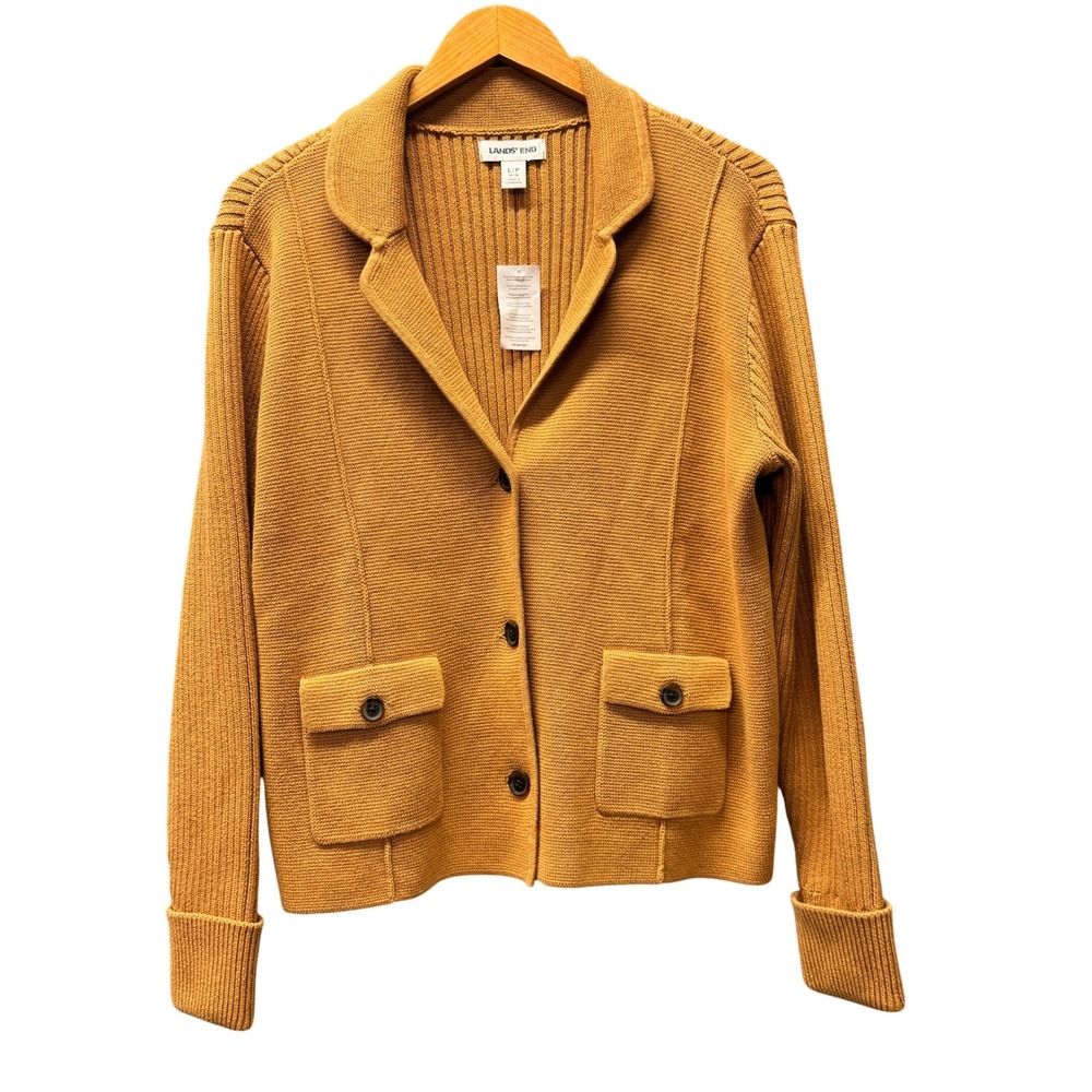 Lands End‎ Cardigan Womens LP Petite Large The Drifter Mustard Knit Sweater NEW